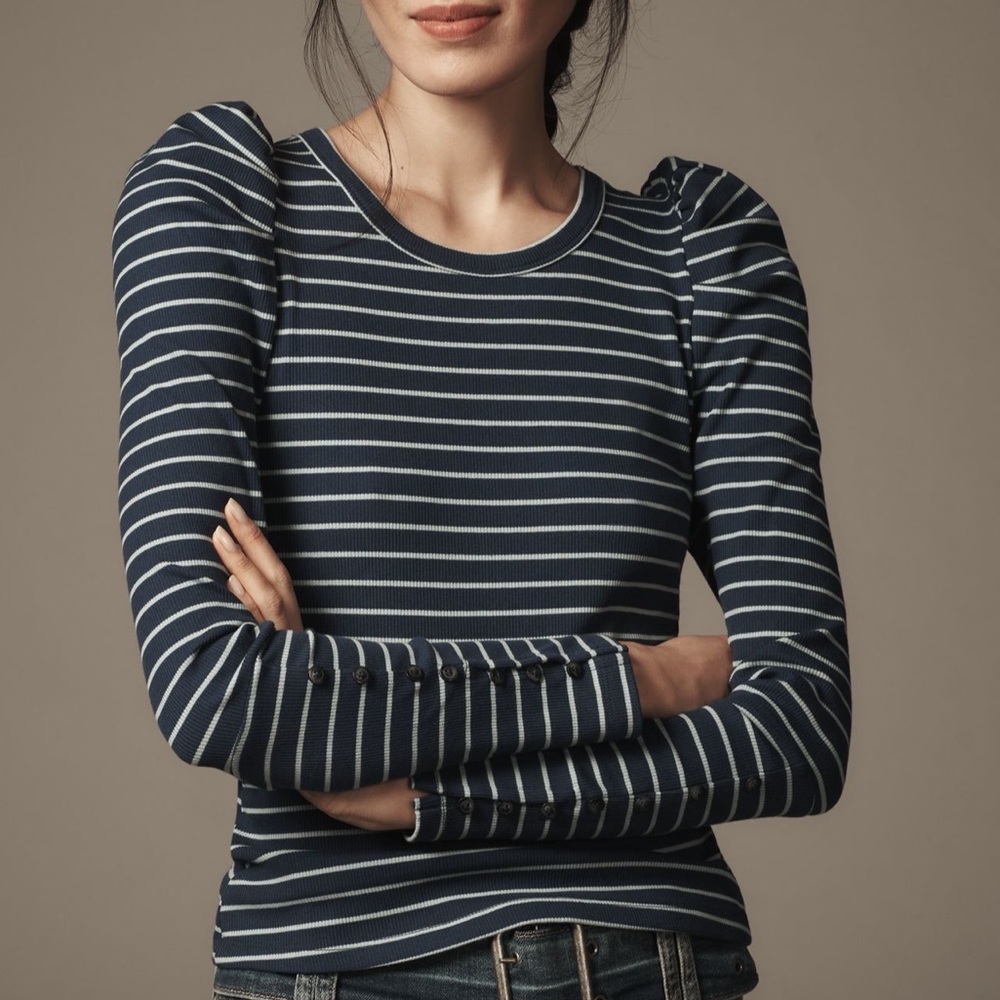 Anthropologie Maeve Puff-Sleeve Top in Blue/White Size S